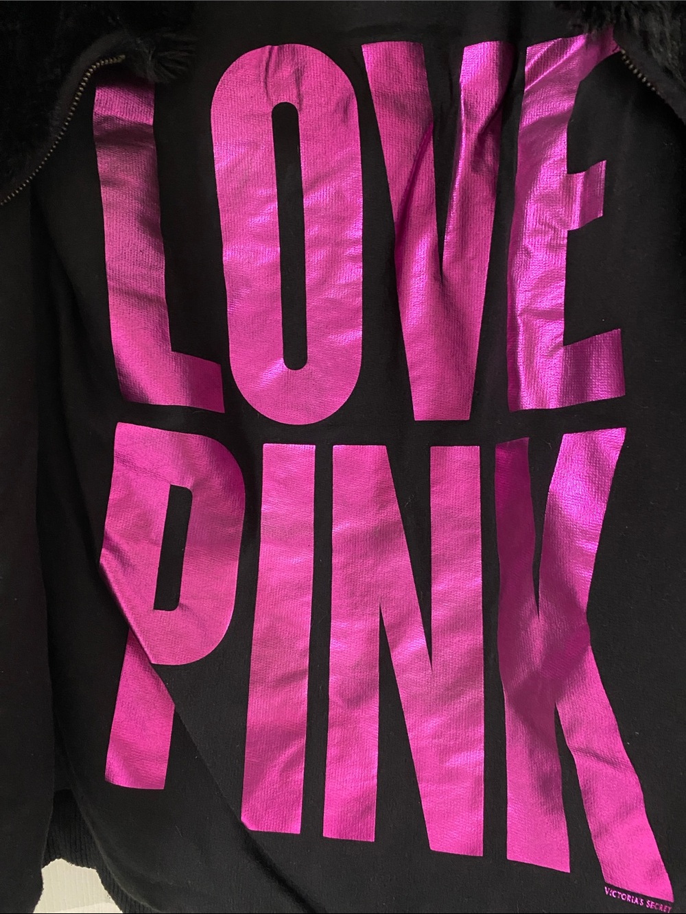 PINK, XS, black faux fur hooded jacket.